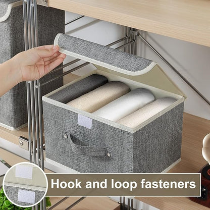 Storage Boxes, Collapsible Storage Bins with Lids, Cotton and linen cloth Storage Baskets with Handle, for Books, Closet, Bedroom, Home, Grey, 3 Pack 10.2 X 7.9 X 6.7in