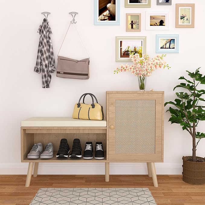 2-in-1 Shoe Storage Bench, Rattan Shoe Cabinet with 2 Adjustable Shelves and Removable Seat Cushion, Modern Entryway Bench, Shoe Storage Organizer, Shoe Rack for Hallway, Bedroom