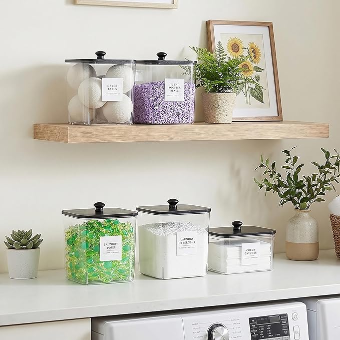Laundry Room Organization Container, 4pcs Acrylic Laundry Pod Storage Containers, Black Dryer Sheet Holder Jars with Bamboo Lids and Labels for Scent Booster Powder Detergent Pods Storage