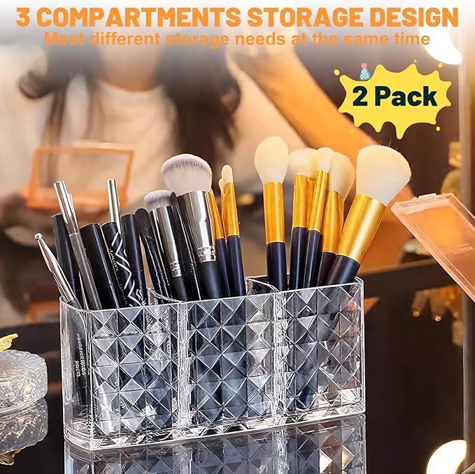 2 Pcs Acrylic Makeup Brush Holder,3 Compartment Cosmetic Organizer,Bathroom Vanity Countertop Storage for Brushes Beauty Tools Pencils Pens Bathroom Living Room