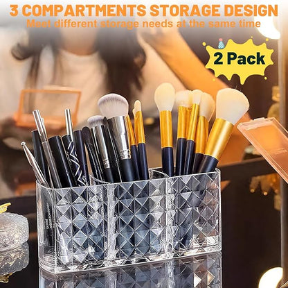 2 Pcs Acrylic Makeup Brush Holder,3 Compartment Cosmetic Organizer,Bathroom Vanity Countertop Storage for Brushes Beauty Tools Pencils Pens Bathroom Living Room