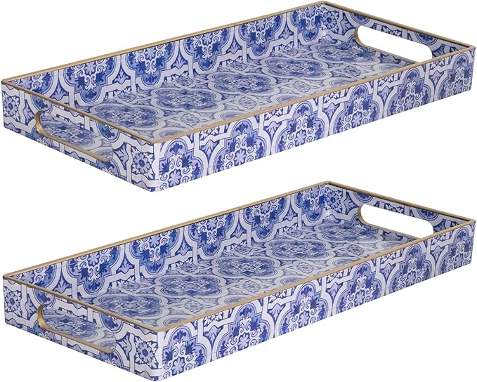 MAONAME Blue Vanity Tray Set of 2, Plastic Decorative Trays with Handles, Small Moroccan Bathroom Trays for Toilet Tank, Dresser Counter, 13.8" X 6" X 1.57"