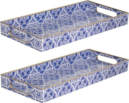 MAONAME Blue Vanity Tray Set of 2, Plastic Decorative Trays with Handles, Small Moroccan Bathroom Trays for Toilet Tank, Dresser Counter, 13.8" X 6" X 1.57"