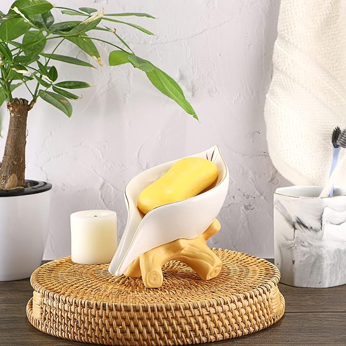 JUXYES Ceramic Soap Dish Holder Self Draining, Unique Waterfall Soap Dish Leaf Shape Decorative Soap Dish Tray Tabletop Drainable Soap Saver Bathtub Waterfall Soap Dish Holder for Bathroom Shower