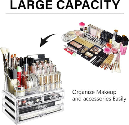 Ikee Design Acrylic Makeup Organizer with 4 Drawers and Removable Top Lipstick Holders, Ideal for Make-up or Accessories,Enhance Your Vanity or Bathroom with Clear Design for Quick Visibility