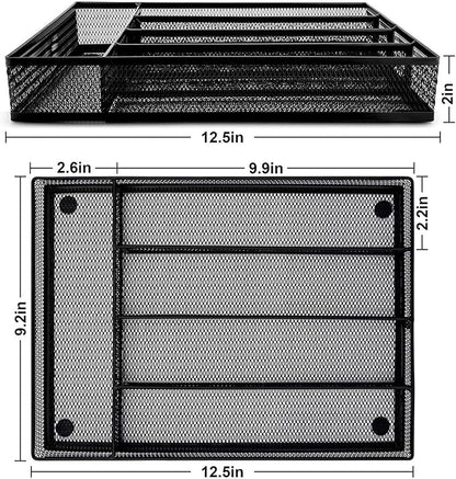HaWare Utensil Drawer Organizer, Mesh Wire Silverware Organizer Divider for Kitchen, Stainless Steel Cutlery Flatware Storage Tray with Non-Slip Foam Feet, 5 Compartment, 12.5 x 9.2Inch, Black
