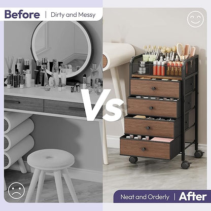 SWTYMIKI Rolling Makeup Organizer Cart - 14.96″*11.81″*27.55″ Widened Under Desk Vanity Storage with 4 Non-woven Drawers, Cosmetic Display Cases for Skin Care Perfume Nail Polish Brush Hair Tool Black