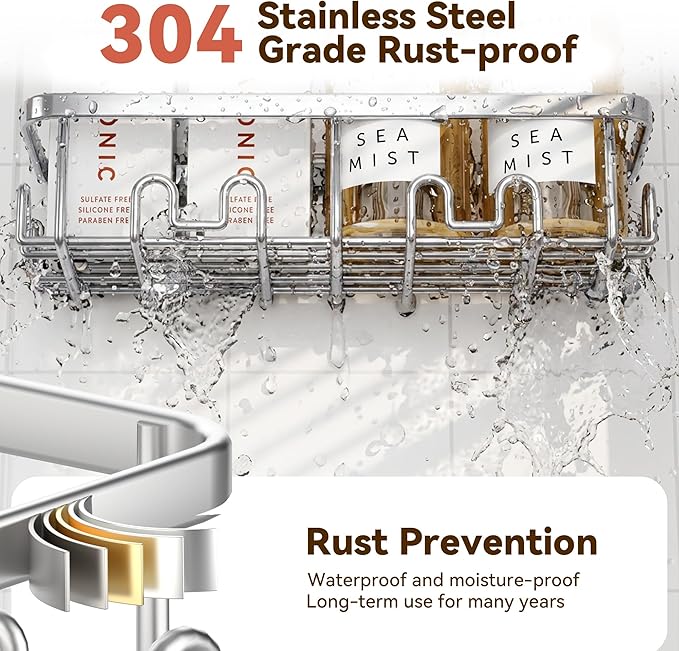 YASONIC Shower Caddy Adhesive 2-Pack, Rustproof Shower Organizer with Holder, No-Drill Shower Shelves for Inside the Shower, Large-Capacity Bathroom Organizers and Storage for Dorms & Renters, Silver