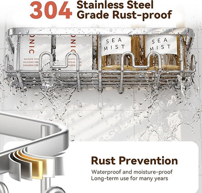 YASONIC Shower Caddy Adhesive 2-Pack, Rustproof Shower Organizer with Holder, No-Drill Shower Shelves for Inside the Shower, Large-Capacity Bathroom Organizers and Storage for Dorms & Renters, Silver