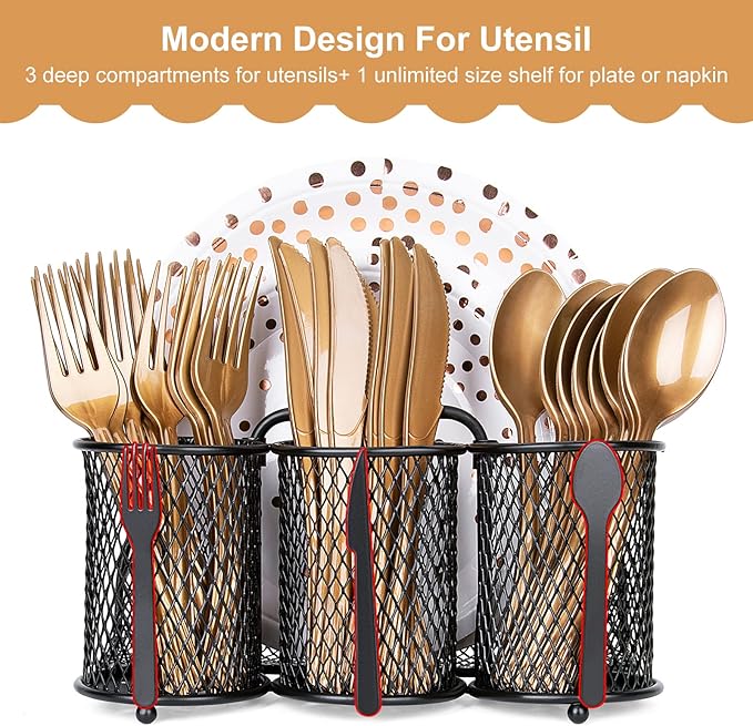 DTICON Utensil Organizer Silverware Caddy - Utensil Holder for Party Metal Cutlery Organizer Silverware Storage for Picnic Camping Buffet Kitchen Table (Black)