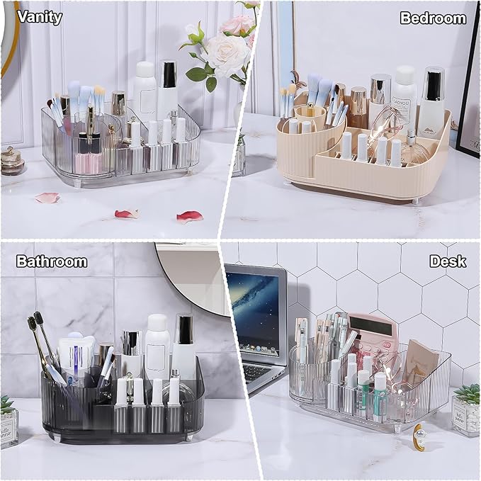 DASITON Large Capacity Makeup Organizer with 360° Rotating Makeup Brush Holder, Multi-Compartment Skincare and Cosmetic Storage for Vanity, Bathroom Countertop, Dresser, Desktop Storage Box (Cream)