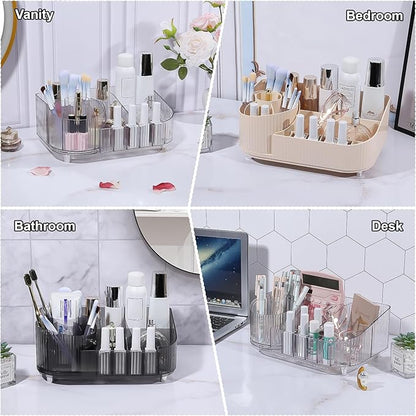 DASITON Large Capacity Makeup Organizer with 360° Rotating Makeup Brush Holder, Multi-Compartment Skincare and Cosmetic Storage for Vanity, Bathroom Countertop, Dresser, Desktop Storage Box (Cream)