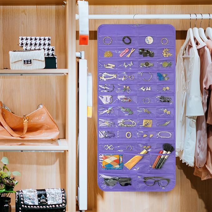 Bloss Hanging Jewelry Organizer With 90 Pockets,Earring Holder Organizer Storage For Valentine's Day Gift,Double-Sided Jewelry Holder for Earrings, Necklaces, Rings on Closet,Wall,Door(Purple)