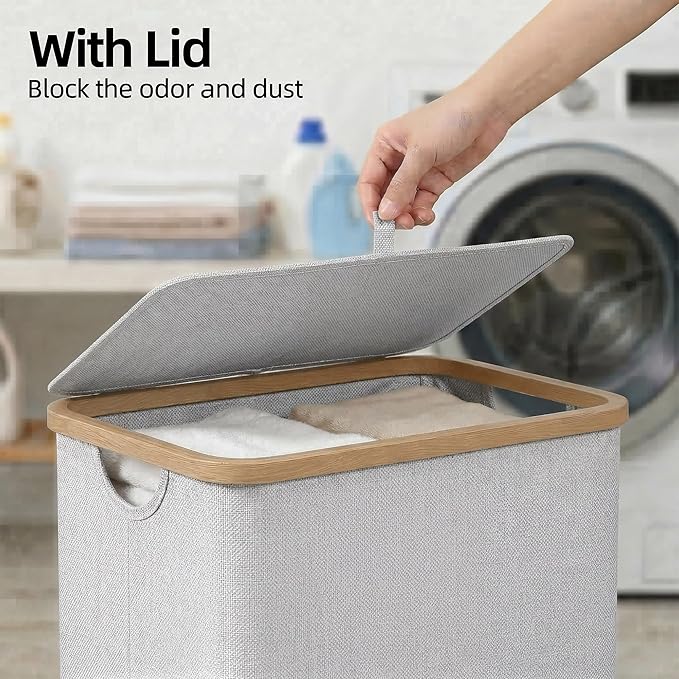 efluky Slim Laundry Basket with Lid, Narrow Laundry Hamper with Removable Bag, Skinny Dirty Clothes Basket with Bamboo Handles for Bathroom, Bedroom & Laundry Room, 75L Light Grey