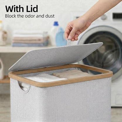 efluky Slim Laundry Basket with Lid, Narrow Laundry Hamper with Removable Bag, Skinny Dirty Clothes Basket with Bamboo Handles for Bathroom, Bedroom & Laundry Room, 75L Light Grey