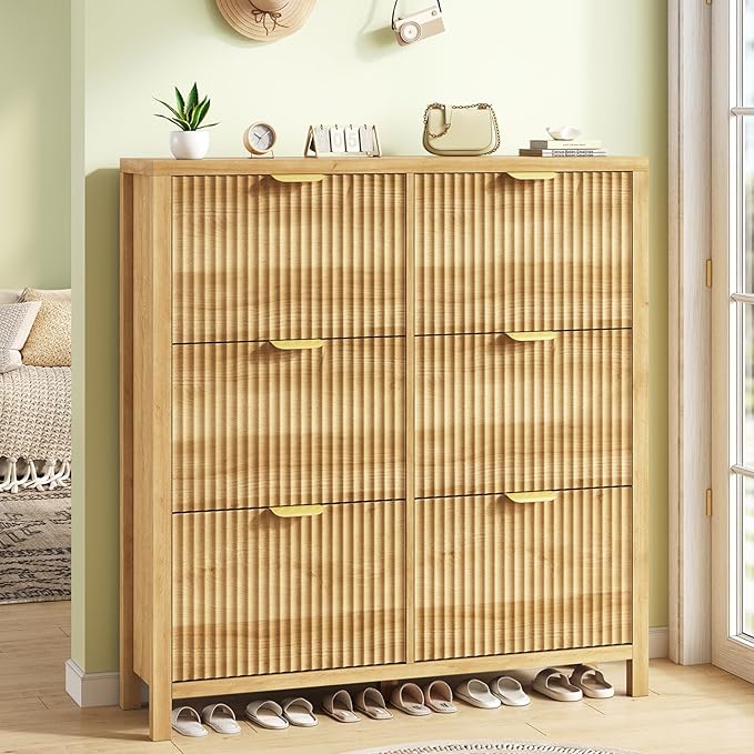 YOMILUVE 47.3" Shoe Cabinet Storage for Entryway, Fluted Shoe Cabinet with 6 Flip Drawers, Slim Shoe Rack Freestanding Wooden Shoe Organizer with Legs for Hallway, Oak