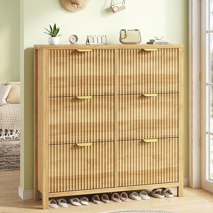 YOMILUVE 47.3" Shoe Cabinet Storage for Entryway, Fluted Shoe Cabinet with 6 Flip Drawers, Slim Shoe Rack Freestanding Wooden Shoe Organizer with Legs for Hallway, Oak