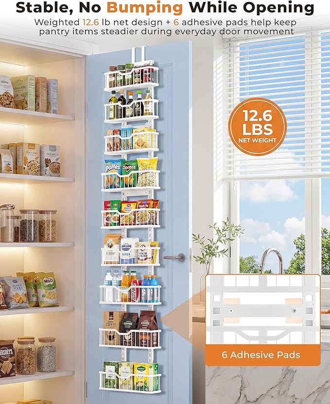 EVERIE Over the Door Pantry Organizer, 9-Tier Heavy Duty Door Storage Rack with Solid Bottom Baskets, Stable No-Bumping Design, Adjustable Hanging Shelves for Kitchen Pantry