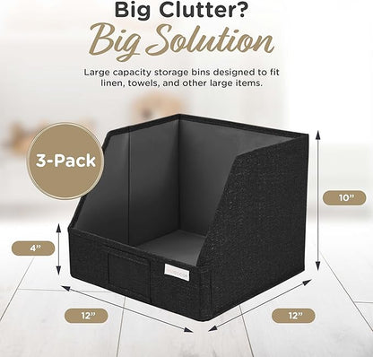 VIVIDECOR Open Front Trapezoid Closet Bins 12x12x10 – Closet Shelf Organizer for Folded Clothes, Easy Access Fabric Storage Baskets – Black, 3 Pack