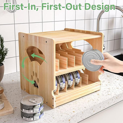 Wood Cat Can Organizer for Pantry, 2 Tier Stackable Can Storage Rack for Kitchen Counter And Cabinet Cat Food Storage Container Holds 36 (3oz) Cans FIFO Design