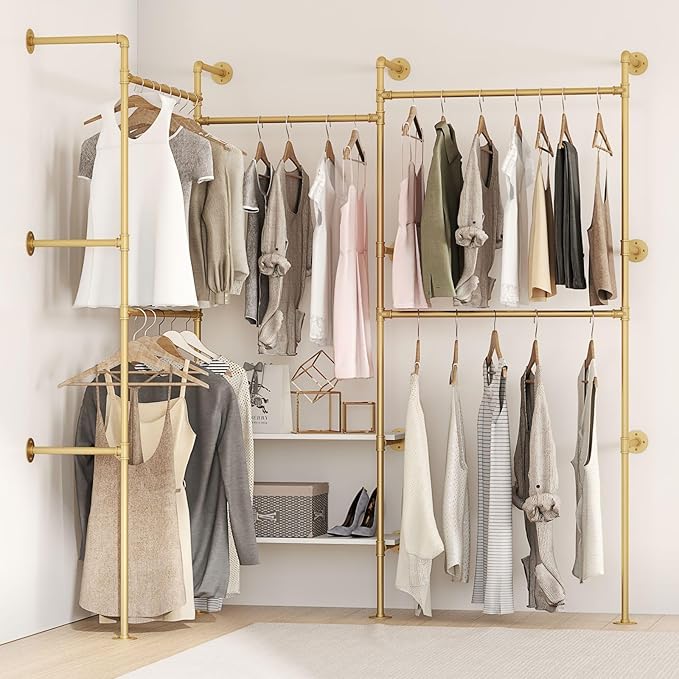 Industrial Pipe Clothes Rack,Wall Mounted Closet Wardrobe Rack, Corner L Shaped Walk-in Closet System, 2 Installation Methods (Gold, 80" H x 86" W)
