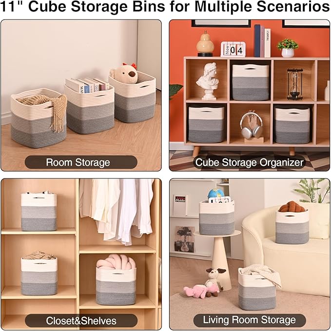 11 Inch Cube Storage Bins, 11x11 Cube Storage Bins for Cube Organizer, Square Cloth Storage Cubes, Woven Storage Baskets for Shelves, Toy Rope Baskets Storage Kids, Gradient Grey (Pack of 3)