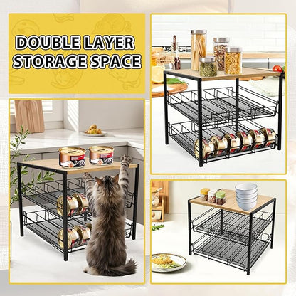 Bamboo & Iron Cat Food Organizer for Pantry, 2-Tier Can Stackable Storage Rack Holds 48 (3oz) Cans, Flat Top for Extra Storage, Automatic Slide-Down Perfect for Pet Food Cans