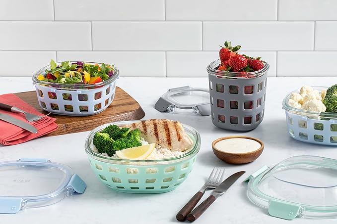 Ello Duraglass Meal Prep Container- Glass Food Storage Container with Silicone Sleeve and Airtight BPA-Free Plastic Lid, Dishwasher, Microwave, and Freezer Safe