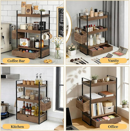 3-Tier Bathroom Counter Organizer with Drawer Basket and Hooks, Wood Bathroom Organizers and Storage for Countertop, Farmhouse Dark Brown Countertop Organizer, Counter Shelf for Vanity, Kitchen,Office