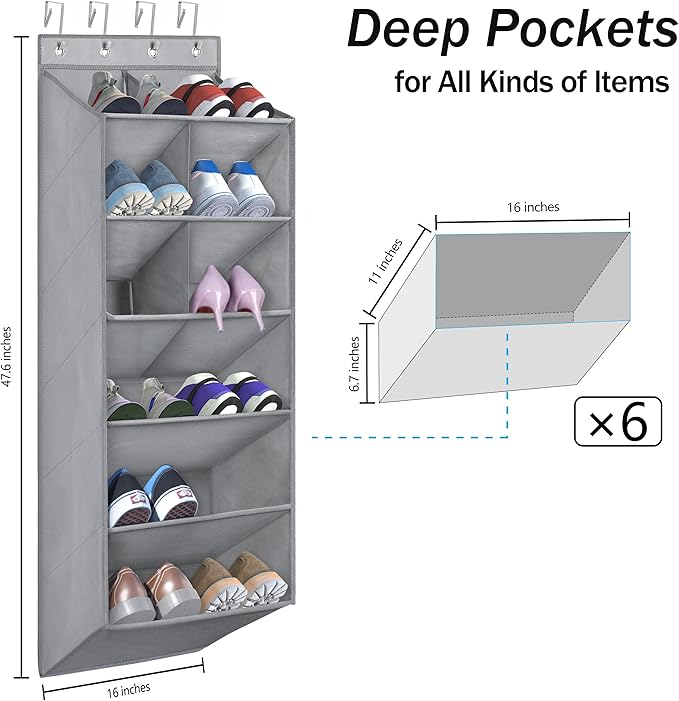 Over the Door Shoe Organizer, 6-Tier Hanging Shoe Rack for Closet Door with Large Pockets Shoe Holder, Hanging Storage Organizer for Shoes, Baby Diaper, Nursery, Gray