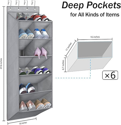 Over the Door Shoe Organizer, 6-Tier Hanging Shoe Rack for Closet Door with Large Pockets Shoe Holder, Hanging Storage Organizer for Shoes, Baby Diaper, Nursery, Gray