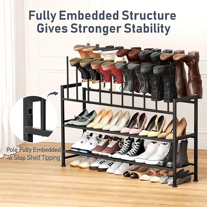 DIMJ Boot Rack 4-Tier - Black Metal Boot Storage Rack for Tall Boots Organizer, Multiuse Shoe Rack for Boots, Sneakers, High-Heel, Entryway, Fits 10 Pairs