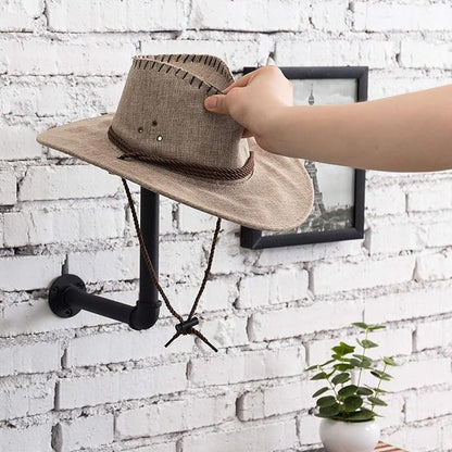 MyGift 3 Pcs Cowboy Hat Holder on Wall, Hat Rack Hooks, Wig Display Helmet Collection Organizer, Baseball Cap Hanger Entryway Bedroom, Realistic Black Metal Pipe Brown Wood