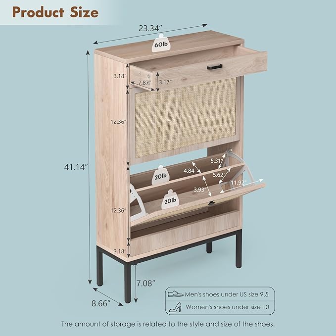 Brafab Shoe Storage Cabinet with Flip Drawers & Adjustable Shelves, Rectangular Rattan Doors - For Hallways and Entryways