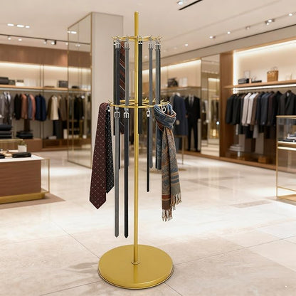 Gold Belt Display Scarf &Ties Rack Stand, 360° Rotation Floor Mounted Belt Hanger, Metal Men Closet Belt Organizer Holder Jewelry Necklaces Purse Hanger Shelf for Clothing Store Retail & Home