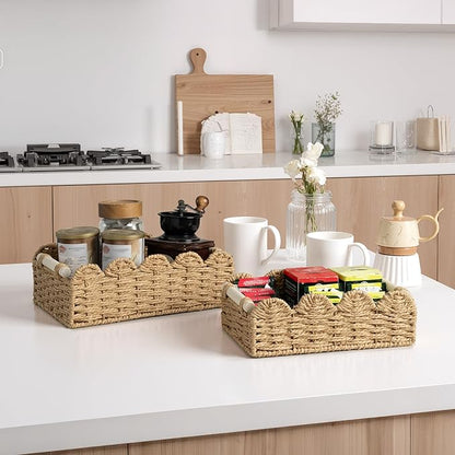 StorageWorks Toilet Paper Storage Basket 2 Pack, Toilet Basket with Wooden Handles, Small Wicker Decorative Scalloped Baskets for Organizing, Living Room, Shelves, Brown Rope Baskets