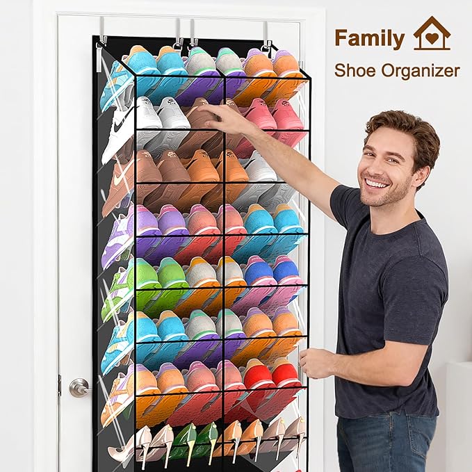 20-30 Pairs Over the Door Shoe Organizer, Transparent PVC Hanging Shoe Rack for Closet, 10-Tier Door Shoes Storage, Crystal-Clear Visibility Fit All the Family's Sneakers, Boots, Heels, Black Frame
