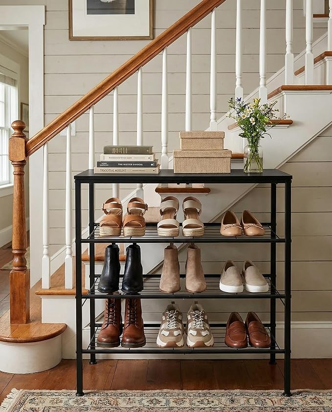 Shoe Rack, 4-Tier Shoe Storage Organizer for Closet and Entryway, Sturdy Metal Shoe Shelf with Adjustable Leveling Feet & Wooden Top for Small Spaces, 26.9” x 12.8” x 26.1”, Black
