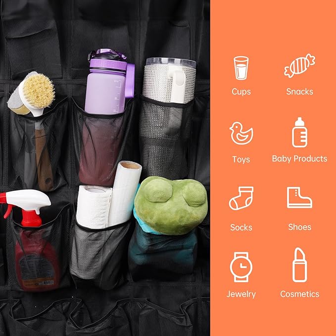 NiHome 28-Pocket Over-the-Door Organizer Fit for Stanley Cups, Large Tumblers, Water Bottles, Travel Mugs, Lids, Space-Saving Elastic Mesh Bottle Holder for Kitchen, Pantry, RV, Cabinet Doors (Black)