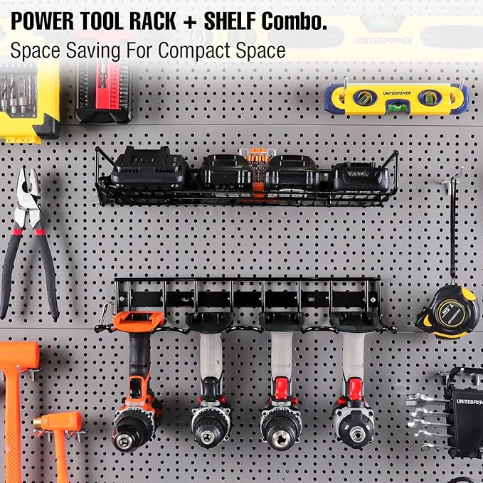 UNITEDPOWER Wall Mounted Power Tool Organizer Holder, Heavy Duty Utility Storage Rack for Battery Powered Hand Tools, Cordless Drill Rack, Workshop, Shed, Garage, Home