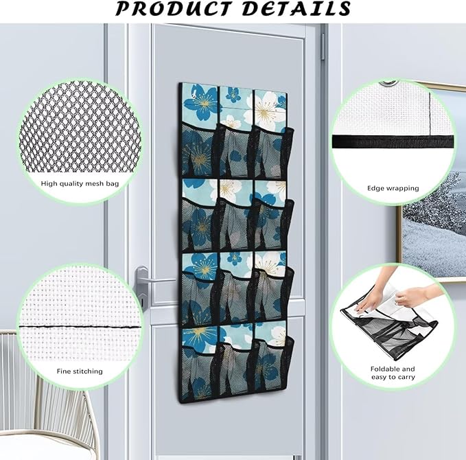 Over The Door Hanging Shoe Storage Pockets, Wall Storage Bag Fabric Wall Door Closet Hanging Storage Bag Organizer,Blue Flowers