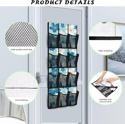 Over The Door Hanging Shoe Storage Pockets, Wall Storage Bag Fabric Wall Door Closet Hanging Storage Bag Organizer,Blue Flowers