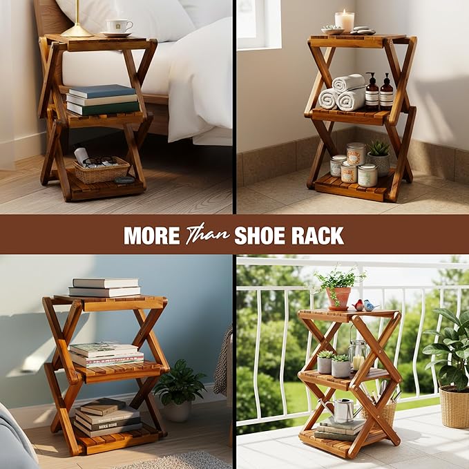 Premium Acacia Wood Shoe Rack for Entryway - 3-Tier Foldable Wooden Shoe Shelf, Free Standing Space Saving Shoe Organizer for Small Spaces, Apartment, Closet