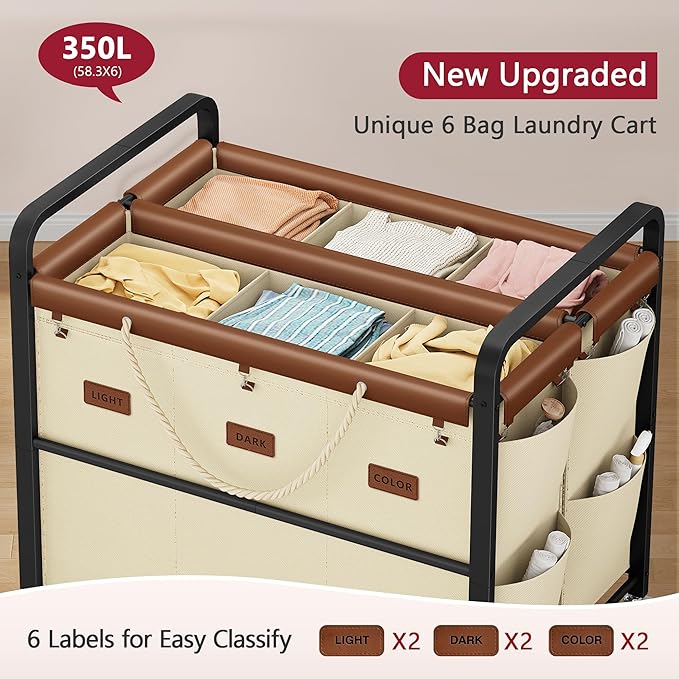Tajsoon 350L Extra Large Laundry Hamper 6 Section, Heavy Duty Laundry Cart with Wheels, Commercial Laundry Sorter with Sturdy Metal Frame, Removable Bags & Leather Patchwork, Beige