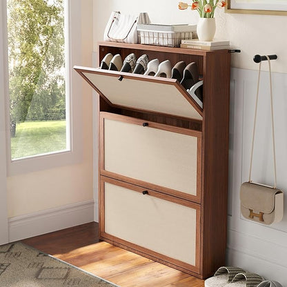 AVZEAR Narrow Shoe Storage Cabinet for Entryway with Natural Linen Panel, Freestanding Slim Shoe Cabinet with 3 Flip Drawers, Wood Shoe Organizer Closed Shoe Rack for Hallway, Living Room(Walnut)
