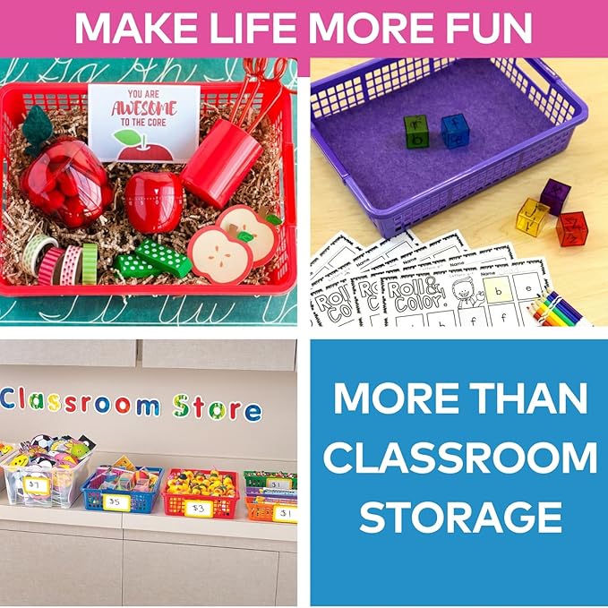 Fun Express Stackable Storage Bins 13x9.75x3 Inch - 6 Pack Colorful Plastic Storage Baskets with Handles for Classroom Organization | Paper Trays for Teachers, Office Storage & Home Organizing
