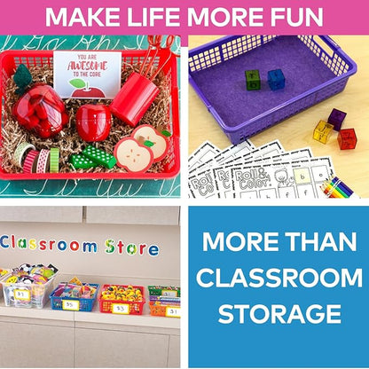 Fun Express Stackable Storage Bins 13x9.75x3 Inch - 6 Pack Colorful Plastic Storage Baskets with Handles for Classroom Organization | Paper Trays for Teachers, Office Storage & Home Organizing