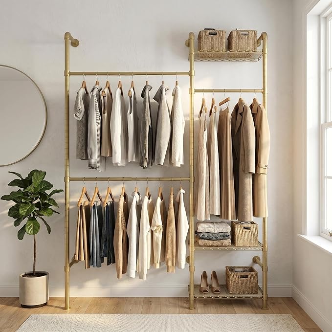 Wall Mounted Closet System – Adjustable Clothing Rack with 2 Expandable Rods & 3 Shelves, Heavy Duty Industrial Pipe Clothes Rack for Closet Organizer and Storage, Gold