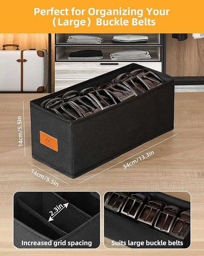 4 PCS Belt Organizer for Closet, 6 Grids Belt Holder, Washable Belt Box, Foldable Tie Organizer for Men, Belt Storage for Drawer (Black, 13.38inch)