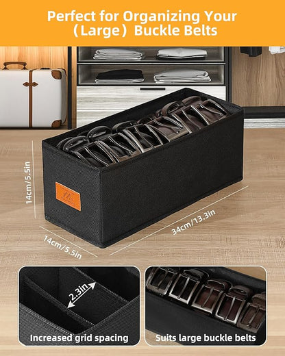 4 PCS Belt Organizer for Closet, 6 Grids Belt Holder, Washable Belt Box, Foldable Tie Organizer for Men, Belt Storage for Drawer (Black, 13.38inch)